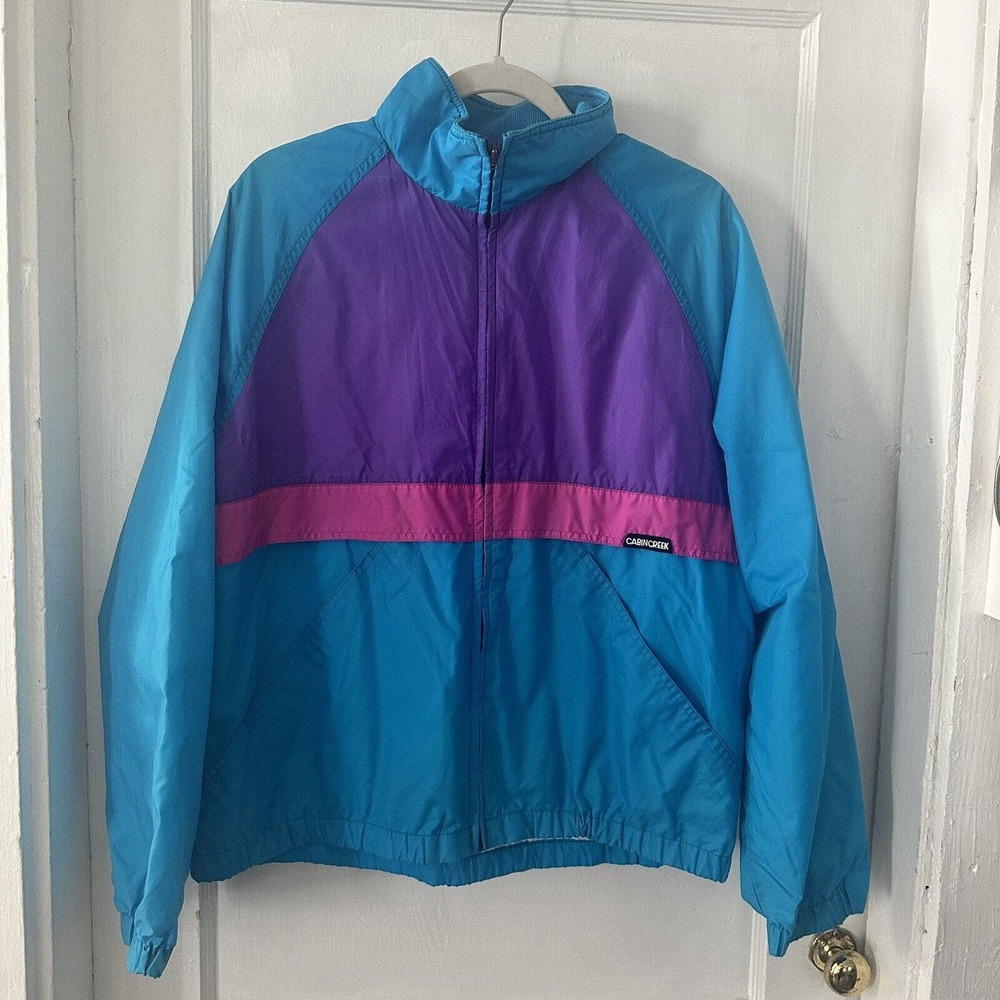 Vintage Windbreaker Jacket Full Zip 90s Women's Large COLORFUL